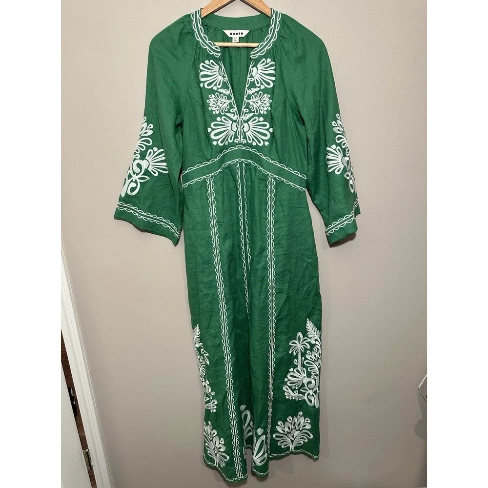Boden Una Linen Embroidered Maxi Dress US Sz 6 R Green Embroidered Pockets - Picture 4 of 7